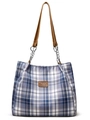 Bolso tote de cuadros azules y grises con asas de cuero marrón y cadena de plata - Azul