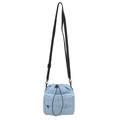 Light blue pleated drawstring crossbody bag with adjustable black strap and front pocket - Blue