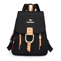 Mochila para mujer en nailon negro con ribete de cuero marrón y logo de canguro dorado - Negro