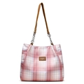 Bolso tote de cuadros rosa y blanco con parche de cuero y asa de cadena - Rosa Claro