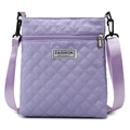 Light purple quilted crossbody bag with adjustable strap and fashion label on front - Purple