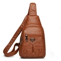 Vintage caramel brown PU leather sling bag with heart detail and multi-zipper pockets - Brown