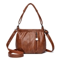 Brown soft PU leather crossbody bucket bag with textured pleats and metal zipper - Brown