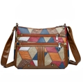 Borsa a tracolla retrò in ecopelle multicolore con design patchwork e tasche multiple - Marrone