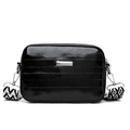 Silver metallic crossbody bag with rectangular shape and geometric wide shoulder strap - Black