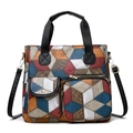 Vintage colorful geometric patchwork faux leather tote bag with shoulder strap - Black