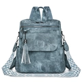Blue retro tassel backpack for women with geometric pattern strap and vintage wash finish - Blue