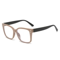 Square beige and black two-tone eyeglasses with silver rivets and blue light lenses - Standard Khaki Frame with Black Temples & White Lenses / Regular