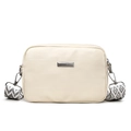Creamy white textured leather crossbody bag with geometric pattern wide shoulder strap - White