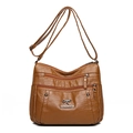 Caramel brown PU leather crossbody bag with lychee texture and multi-zipper pockets - Brown