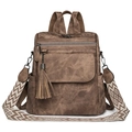 Vintage brown leather backpack for women with bohemian strap and fringe detail - Brown
