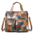 Retro multi-color patchwork leather crossbody bag with geometric 3D pattern design - Brown