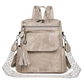 Retro vintage large capacity women's grey backpack with tassel and ethnic strap - Off White