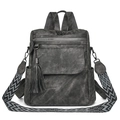 Dark grey retro tassel backpack with a stylish geometric patterned woven shoulder strap - Black