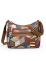 Borsa a tracolla in pelle PU multicolore con pannelli testurizzati e tre tasche con zip - Griglia Patchwork Multicolore