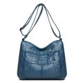 Dark blue washed leather crossbody bag with multiple zip pockets and adjustable strap - Blue