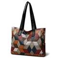 Multi-colored geometric patchwork tote bag with crocodile texture and long shoulder straps - Colorful Grid with Black Strap