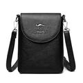 Black pebble leather crossbody mobile phone bag with golden kangaroo emblem - Black