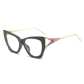 Oversized black cat-eye sunglasses with gold metal temples and red-blue stripe details - Glossy Black Frame Clear Lens