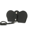 Matte black leather sunglasses case with silver snap buttons and a hanging hand strap - Black