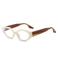 Retro cat-eye eyeglasses with cream frames and tortoiseshell temples shown at a 45-degree angle - Beige Frame