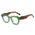 Stylish wavy lime green sunglasses with tortoiseshell temples in a 45-degree side view - Green Frame White Lens