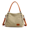 Borsa tote classica in tela kaki con manici in pelle marrone e tracolla regolabile - Cachi