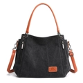Borsa tote classica in tela nera da donna con manici e tracolla in pelle marrone rifinita - Nero