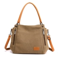 Borsa tote in tela kaki con manici in pelle arancione e tracolla staccabile - caffè