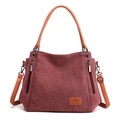 Borsa tote classica in tela bordeaux con cinturini in pelle marrone e dettagli zip - Caffè Viola