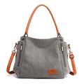 Grey canvas tote bag with brown leather handles and side zippers in a casual style - Gray
