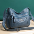 Bolso de hombro minimalista de cuero granulado azul marino con varios compartimentos de cremallera - Azul