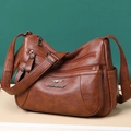 Borsa a tracolla classica in pelle marrone con tasche con zip e tracolla regolabile - Marrone