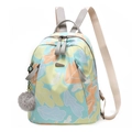 Wasserdichter Oxford Rucksack mit Blumenmuster, Plüsch-Anhänger und großem Fassungsvermögen - Plüschball Anhänger Stil / Gelbgrün (Blattdruck)