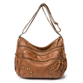 Brown faux leather crossbody bag with multiple zip pockets and vintage bronze rivets - Brown