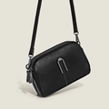 Minimalist black pebble grain cowhide leather crossbody bag with silver U-shaped metal hardware - Black