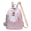 Rosa-lila Rucksack mit Ahornblatt-Print aus Oxford-Gewebe und grauem Plüschanhänger - Plüschball Anhänger Stil / Lila Rosa (Blattdruck)