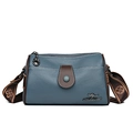 Morandi blue leather crossbody bag with brown trim and wide jacquard shoulder strap - Blue