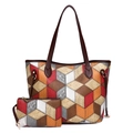 Bolso tote geométrico 3D en patchwork rojo y marrón con monedero a juego - Rojo Patchwork