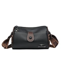 Classic black leather crossbody bag with lychee texture and brown jacquard shoulder strap - Black