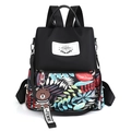 Black women's backpack with floral print, anti-theft design and bear charm accessory - Black (With Cartoon Bear Pendant)