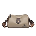 Khaki leather crossbody bag with brown flap and jacquard pattern wide strap - Khaki