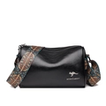 Black PU leather cylinder crossbody bag with a colorful geometric woven wide strap - Midnight Black