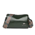 Dark green cylinder crossbody bag in soft PU leather with colorful ethnic woven strap - Green