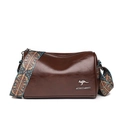 Dark brown leather Boston bag with vintage wide embroidered strap and kangaroo logo - Coffee