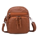 Brown soft washed leather crossbody bag with multiple zip pockets and adjustable strap - Double Zipper Without Pendant / Brown