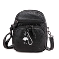 Black PU soft leather crossbody bag with three zipper pockets and a small bear pendant - Double Zipper With Woven Bear Pendant / Black