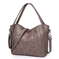 Dark khaki large capacity soft leather tote bag with woven handles and tassels - Khaki