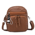 Brown PU leather crossbody bag with multi-layer zippers and a cute bear keychain - Double Zipper With Woven Bear Pendant / Brown