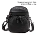 Compact black soft leather crossbody bag with vintage wrinkled texture and dual zippers - Single-zip Black (Semi-PU Fabric)